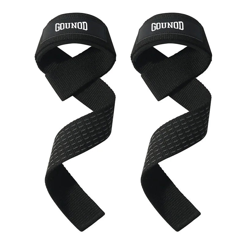 A pair of black Gounod heavy-duty weightlifting wrist straps shown against a white background.