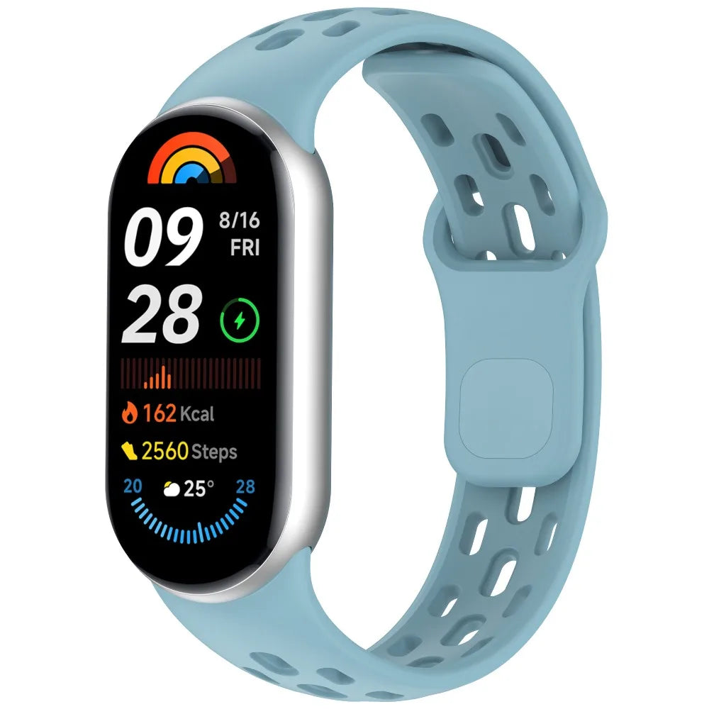 A light blue silicone smart watch band with a digital display showing time, date, and activity metrics.