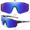 A pair of blue polarized sunglasses with pink accents shown from the front and side angle.