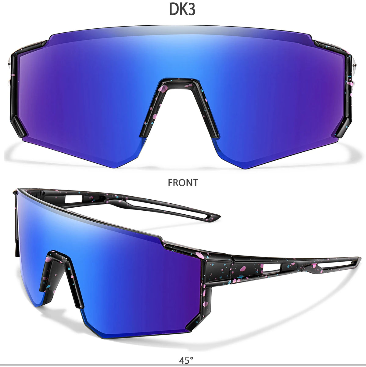 A pair of blue polarized sunglasses with pink accents shown from the front and side angle.
