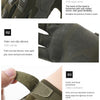 Close-up details of tactical anti-slip outdoor gloves showing the rubber armor, palm silicone grip, and velcro wristband.