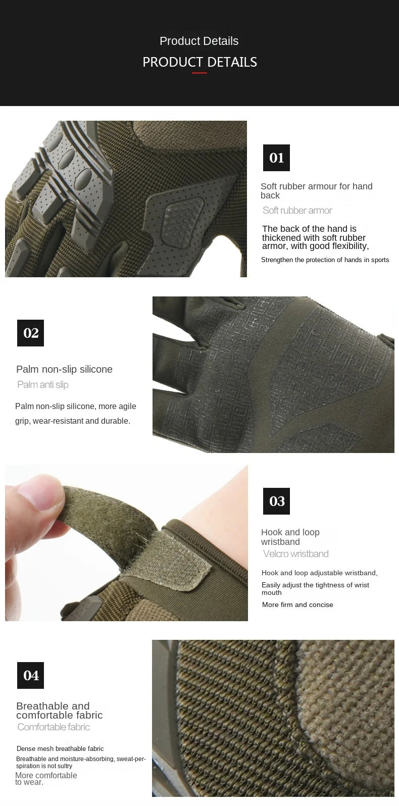 Close-up details of tactical anti-slip outdoor gloves showing the rubber armor, palm silicone grip, and velcro wristband.