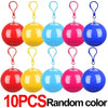 A set of ten colorful portable disposable rain ponchos in various bright colors.