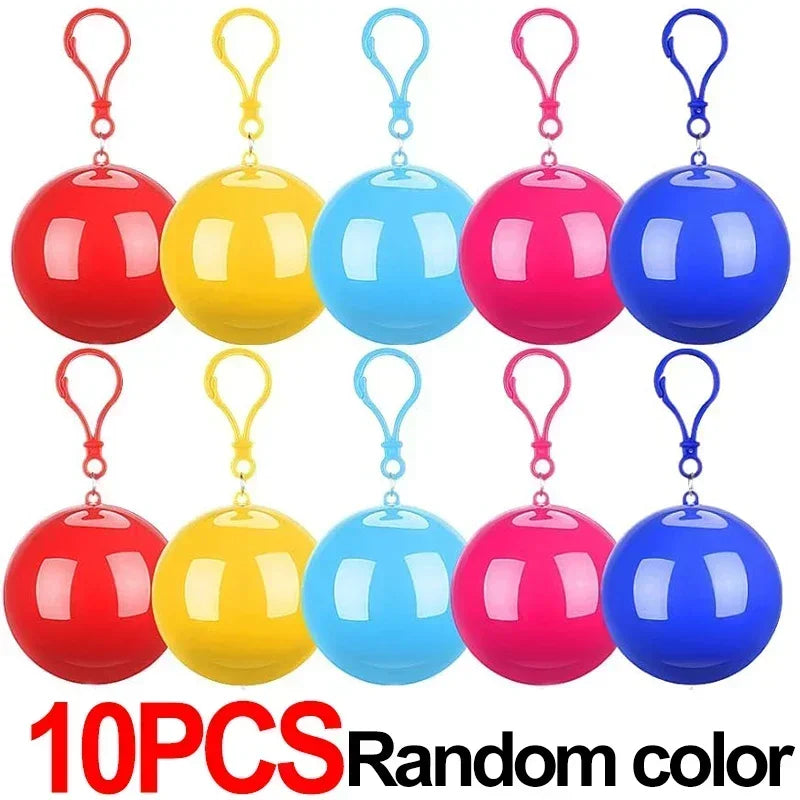 A set of ten colorful portable disposable rain ponchos in various bright colors.