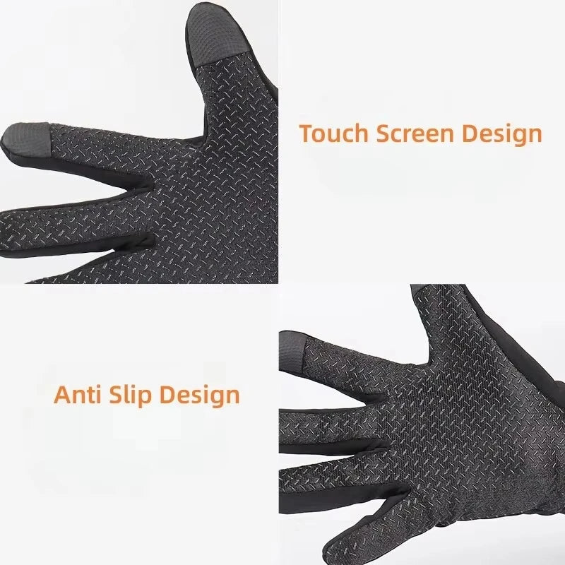 Nahaufnahme schwarzer thermischer Touchscreen-Winterhandschuhe mit rutschfester Textur und Fingerdesign
