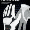 White golf grip gloves with black accents shown against a dark background.