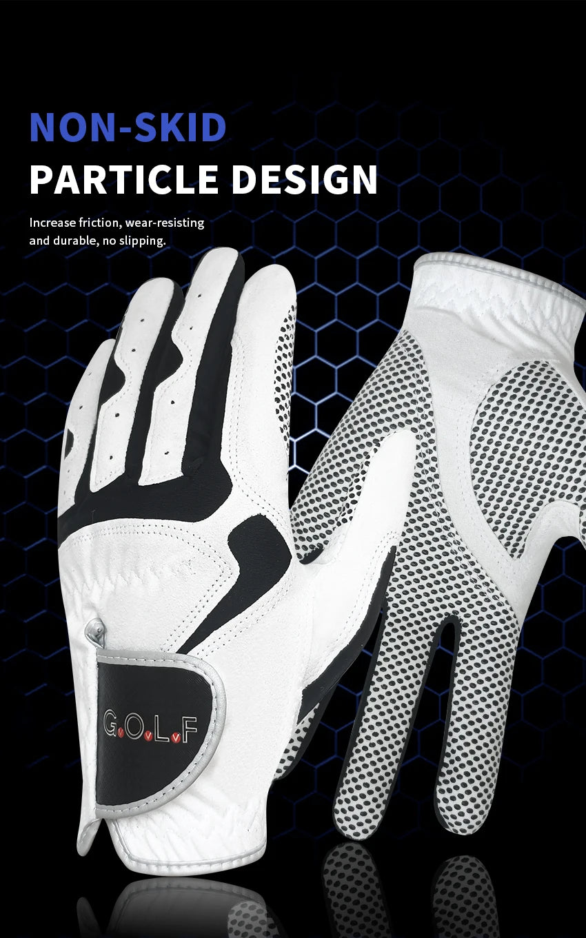White golf grip gloves with black accents shown against a dark background.