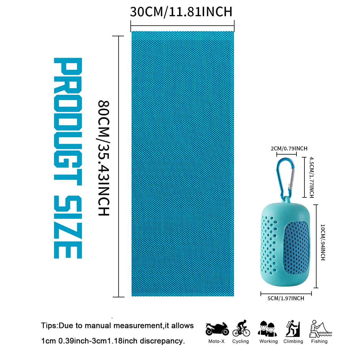 A vertical blue silica gel cooling towel measuring 30cm or 11.81 inches long.