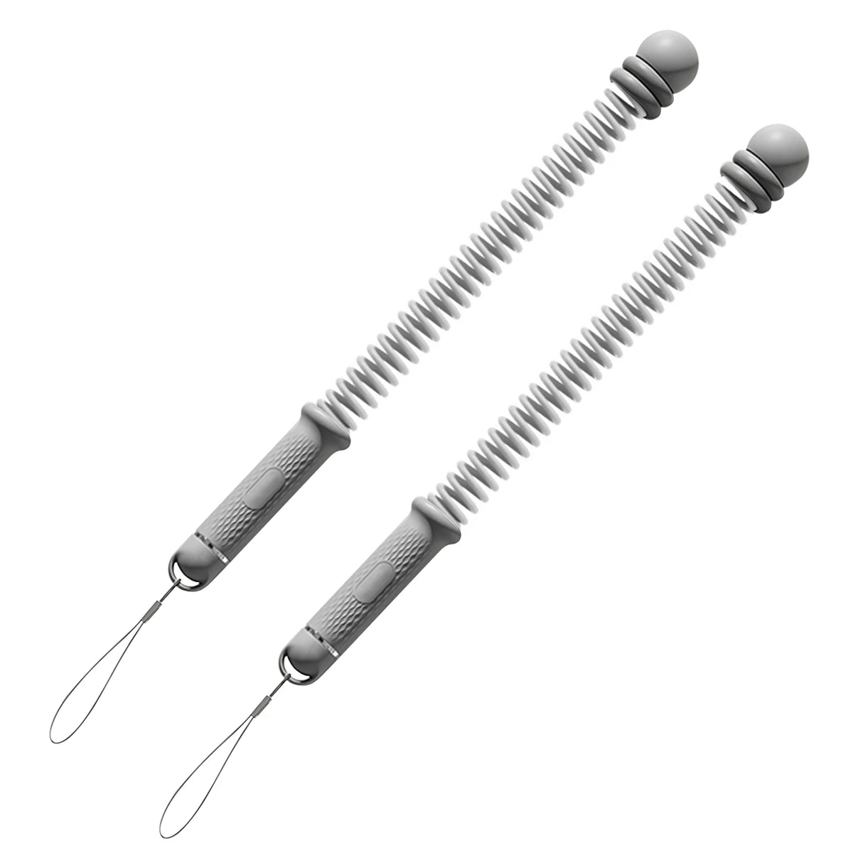 A pair of adjustable ropeless battle ropes with gray handles and silver cords.