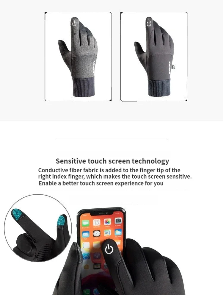 A pair of black touchscreen gloves with a conductive fiber tip shown next to a smartphone.