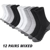 A display of 12 pairs of mixed colored men's outdoor gym football socks in various shades of gray and black.