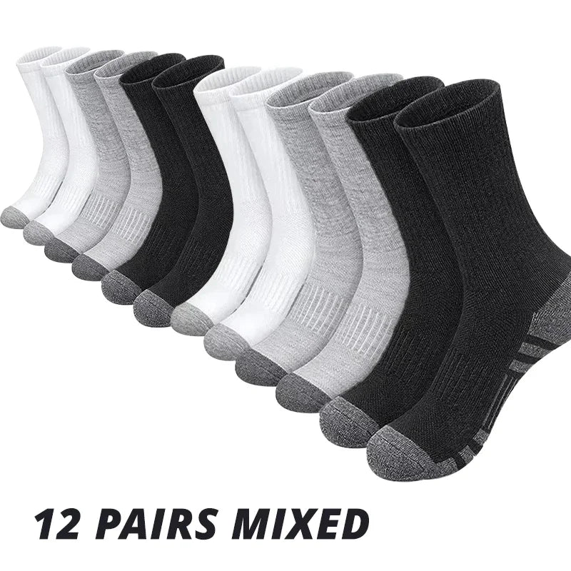 A display of 12 pairs of mixed colored men's outdoor gym football socks in various shades of gray and black.