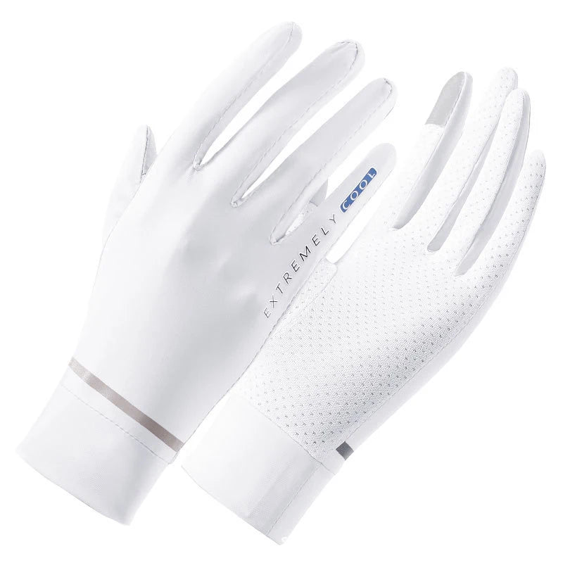Guantes de ciclismo blancos para protección solar, vistos desde arriba