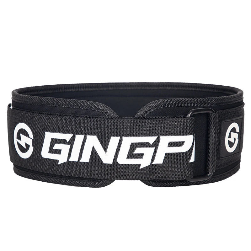 Black adjustable fitness lifting belt with the GINGP logo
