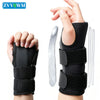A hand wearing a black supportive wrist splint for pain relief.