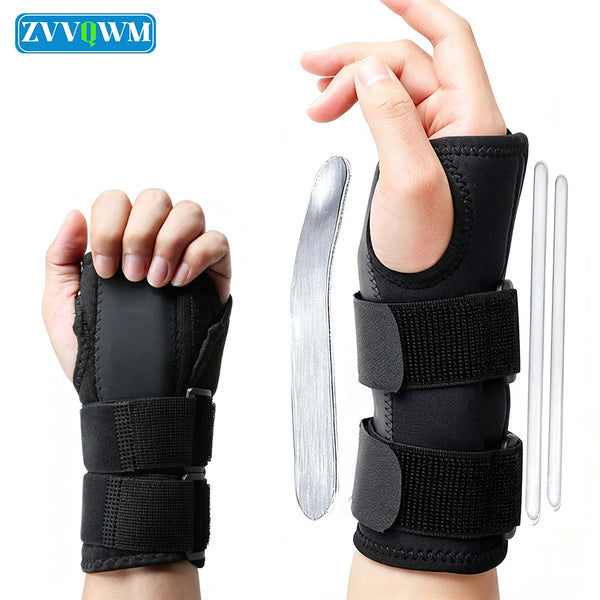 A hand wearing a black supportive wrist splint for pain relief.