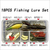 A clear plastic container holds an 18 piece fishing lure set including various types of lures and hooks.
