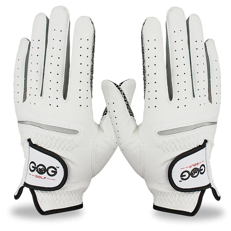 Une paire de gants de golf blancs, gauche et droite, montrant la paume.