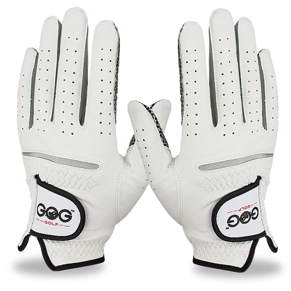 A pair of white golf gloves, one left and one right, showing the palm side.