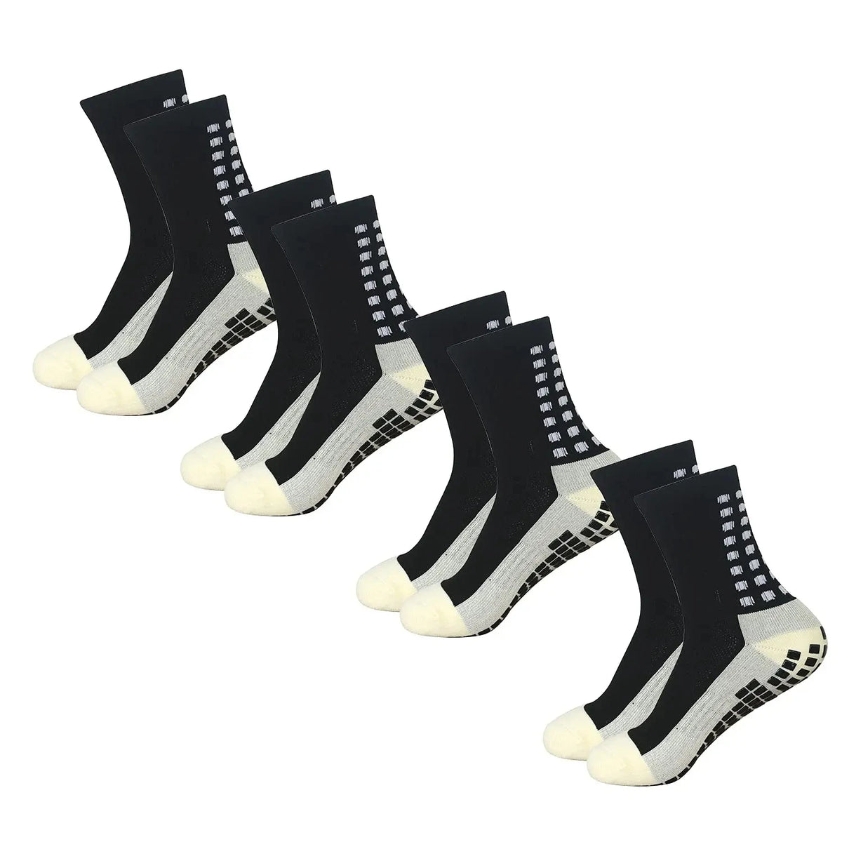 A set of black and white multi-sport silicone grip socks for men displayed on a white background.