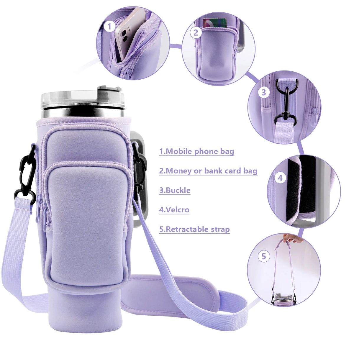 Lila Mehrfachtasche zum Tragen für eine Wasserflasche mit verschiedenen Taschen und Riemen.