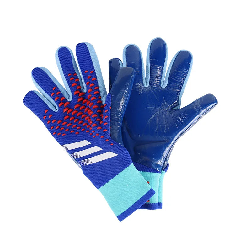 Blue and white goalkeeper gloves with red accents shown against a white background.