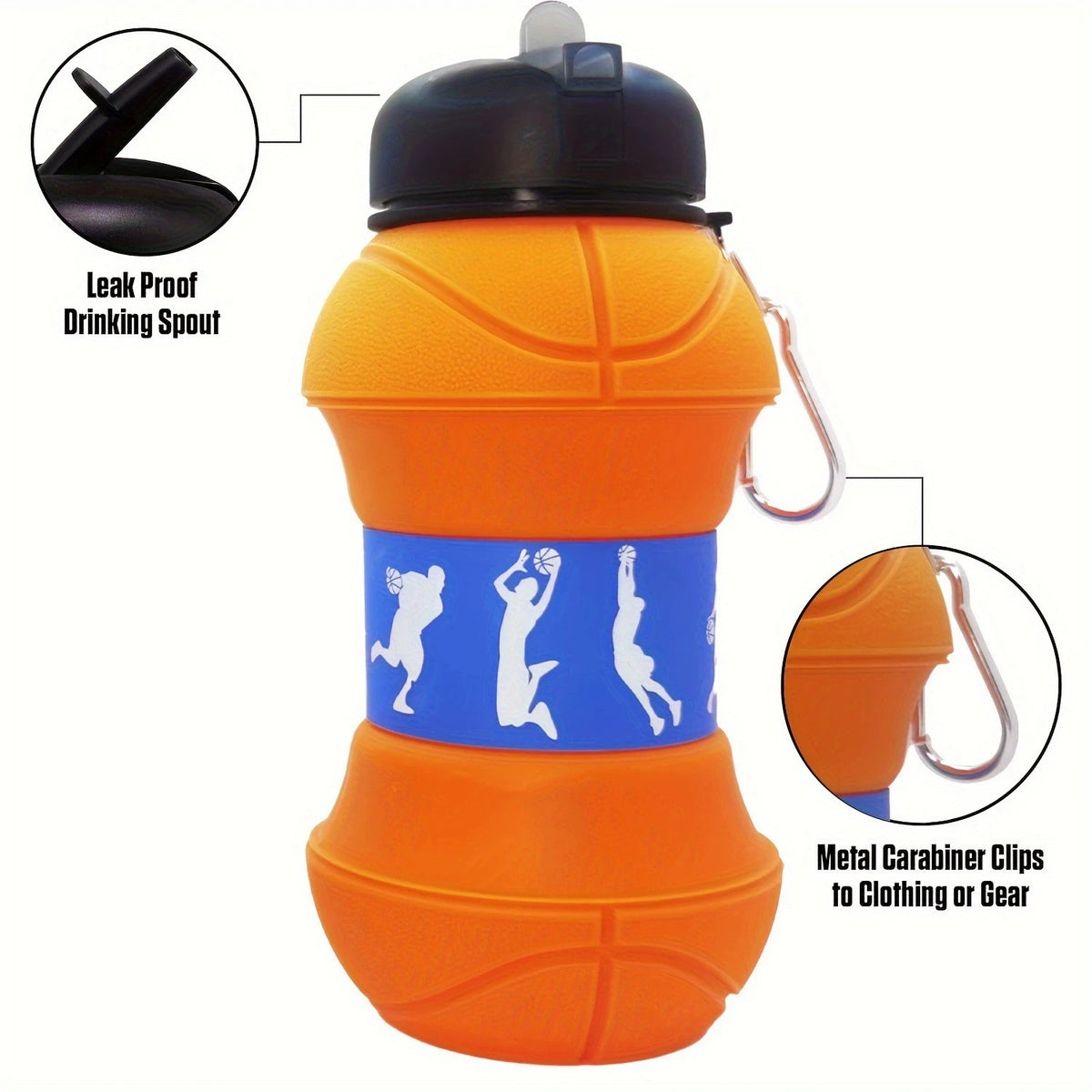 Orange silicone sports water bottle with a leak proof drinking spout and metal carabiner clips