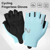 A pair of black and light blue fingerless cycling gloves are displayed against a white background.