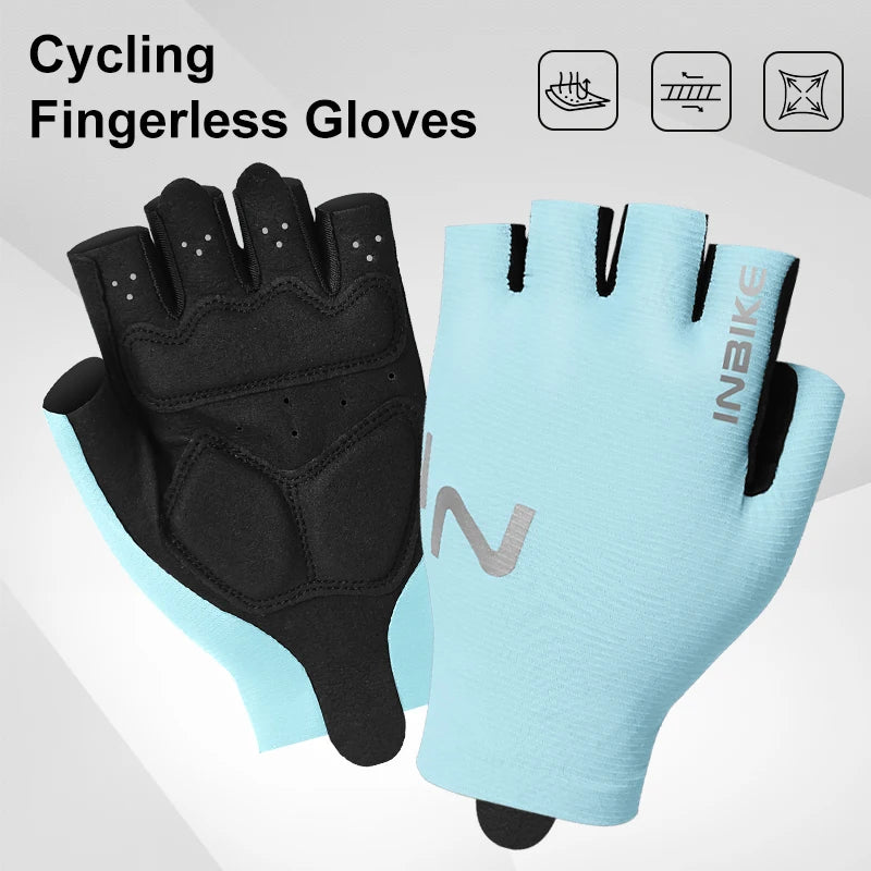 A pair of black and light blue fingerless cycling gloves are displayed against a white background.
