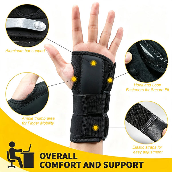 Black elastic wrist splint with aluminum bar support for finger mobility and comfort