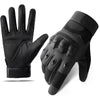 Ein Paar schwarze taktische Outdoor-Sporthandschuhe, Handfläche nach oben.
