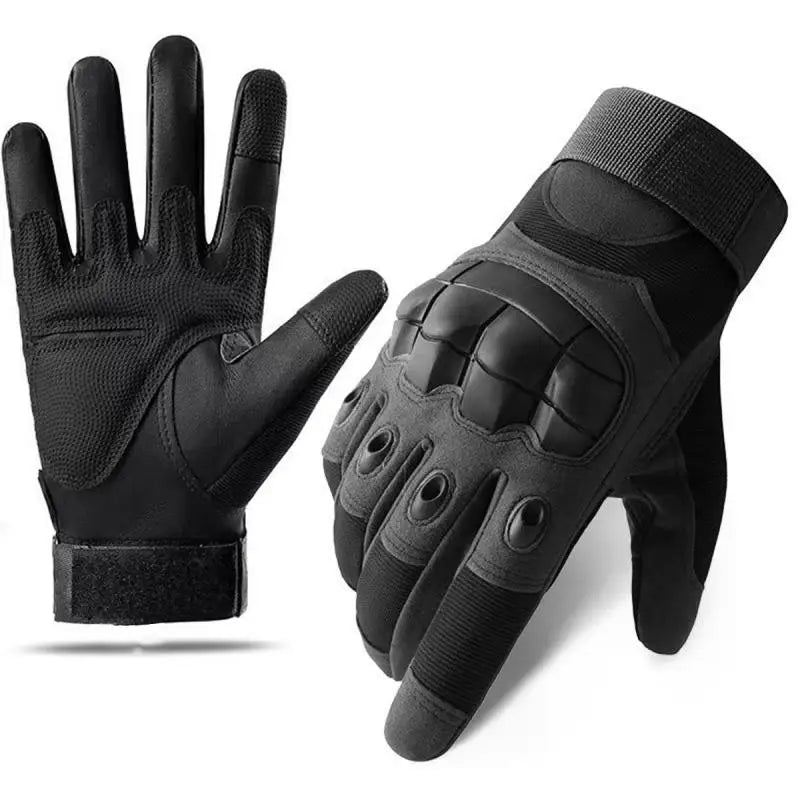 Ein Paar schwarze taktische Outdoor-Sporthandschuhe, Handfläche nach oben.