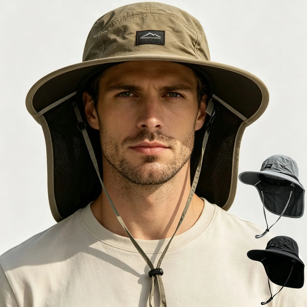 A man wearing a wide brim sun hat with an adjustable neck cover and a light-colored t-shirt.