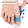Blue kinesiology tape applied to the sole of a foot, demonstrating strong stretching or fixed toes.