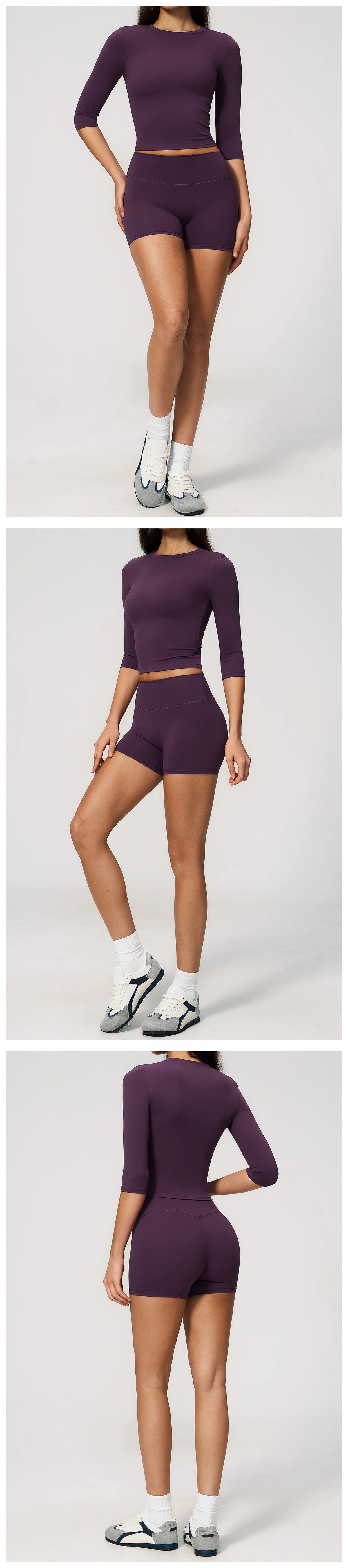 A woman models a purple yoga and fitness leggings set, featuring long-sleeved top and short bottoms.