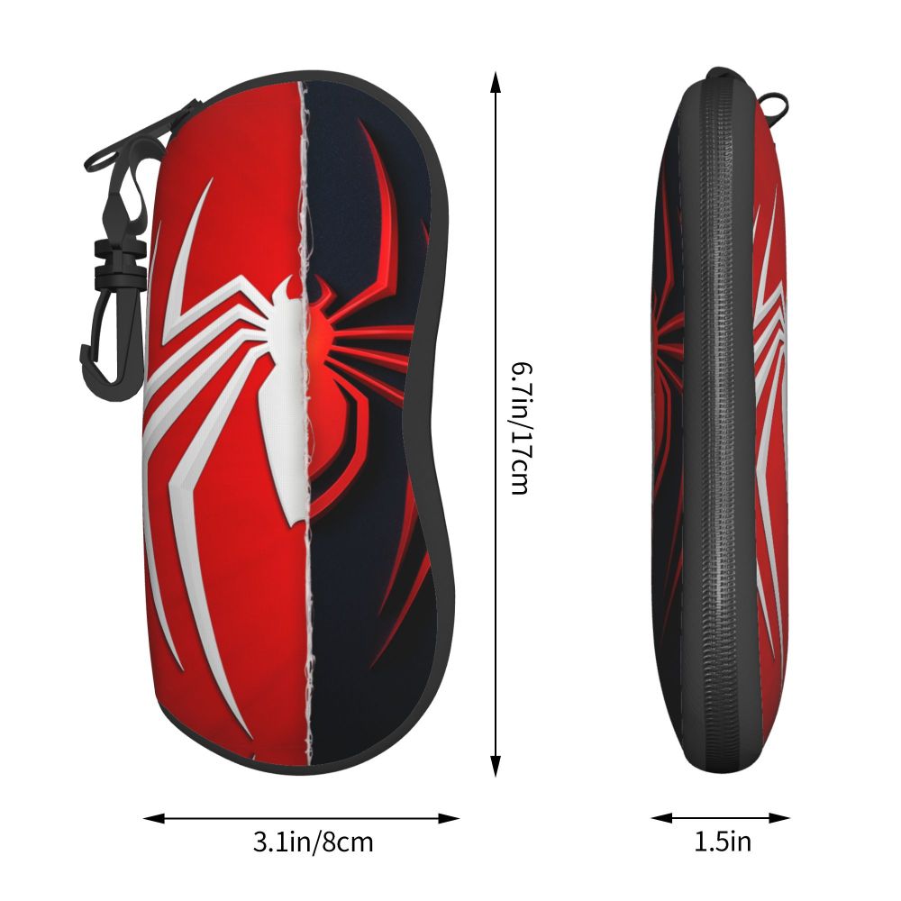 A red and black spider web design eyeglass pouch shown in profile view.