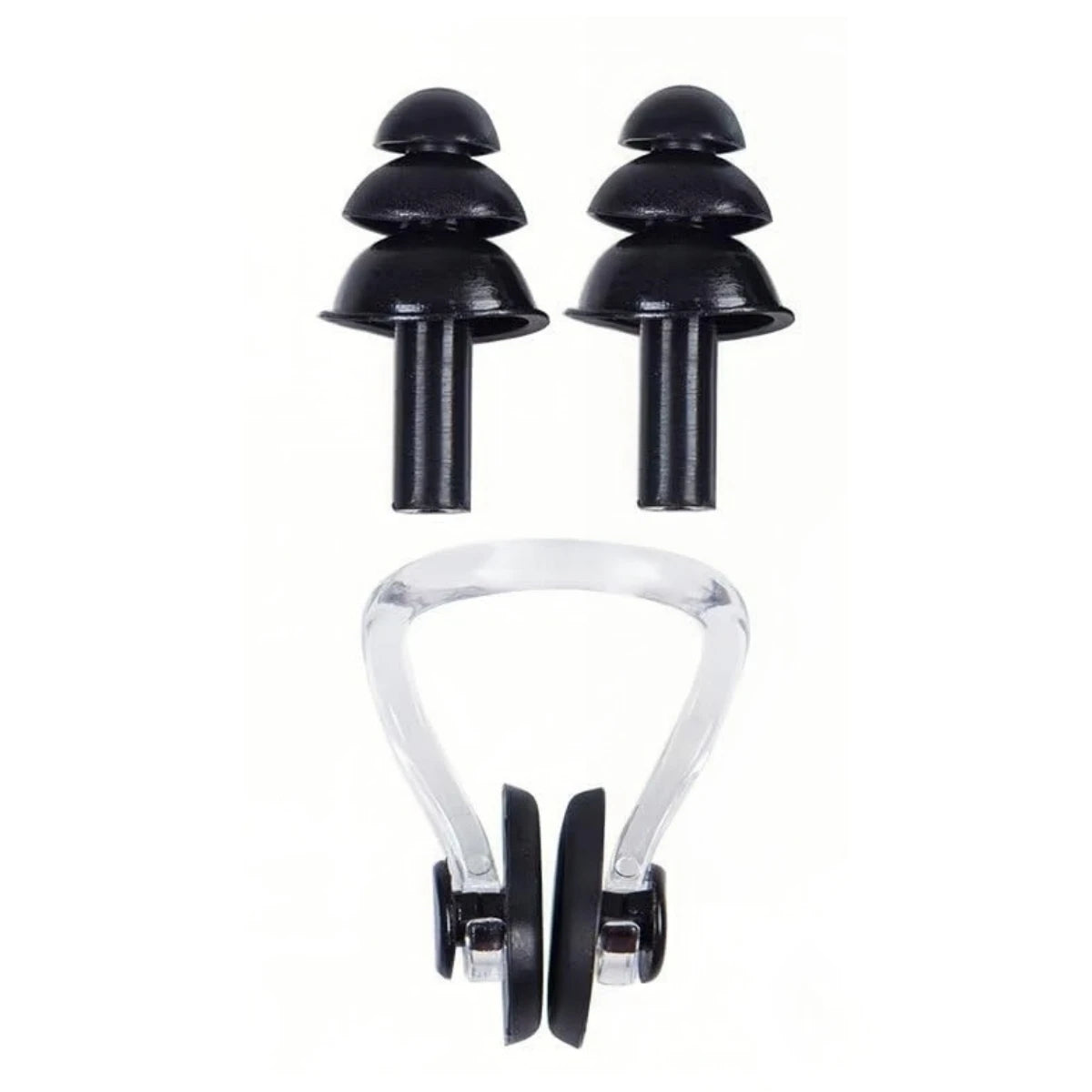 A pair of black silicone swim caps designed for long hair and braids.