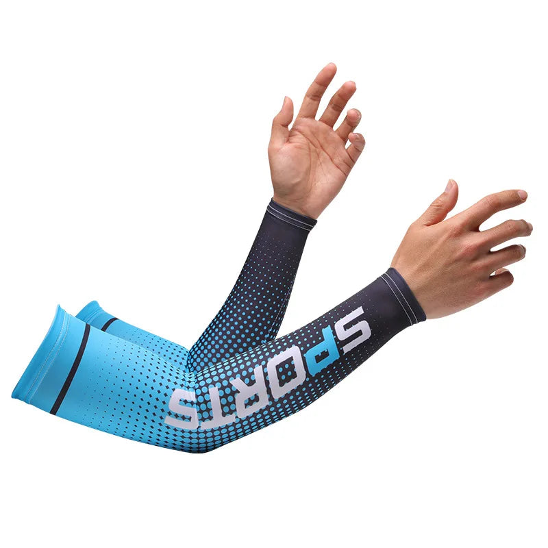 A person wearing blue and black UPF 50+ cool sports sleeves, showing the arm and hand.