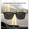 A pair of sunglasses is shown in the rearview mirror of a car, with a road visible through the lenses.