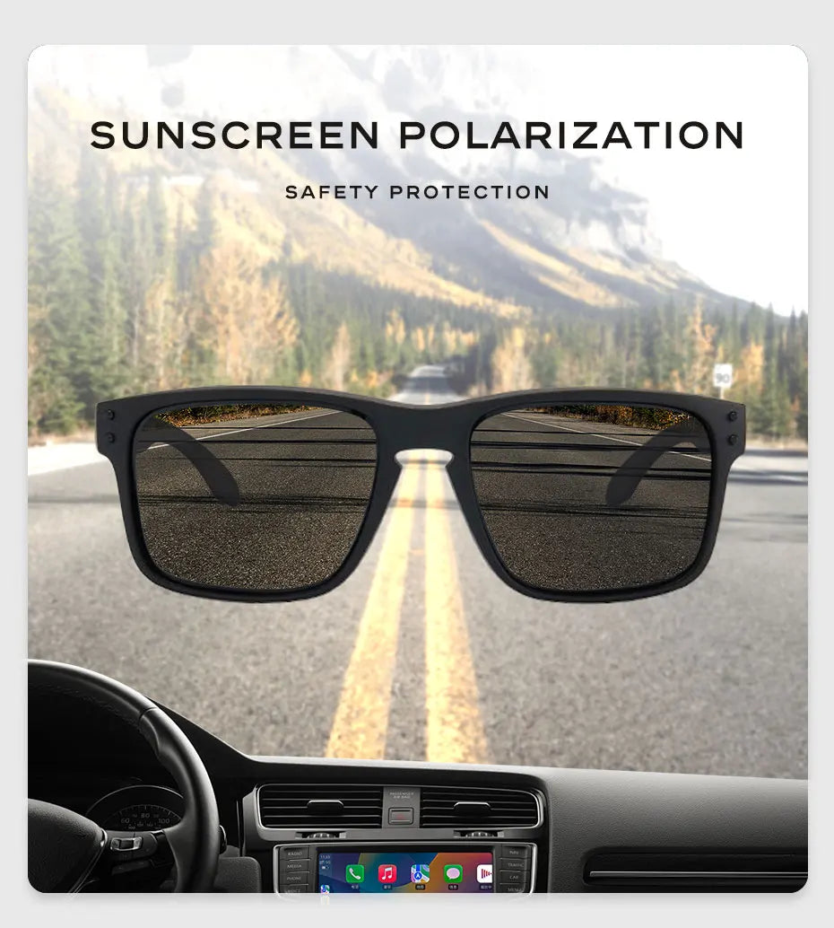 A pair of sunglasses is shown in the rearview mirror of a car, with a road visible through the lenses.