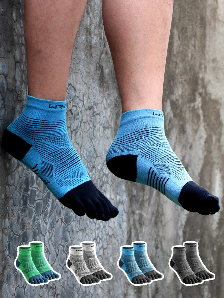 A pair of blue compression socks worn on legs, with several other colored five-finger socks displayed below.