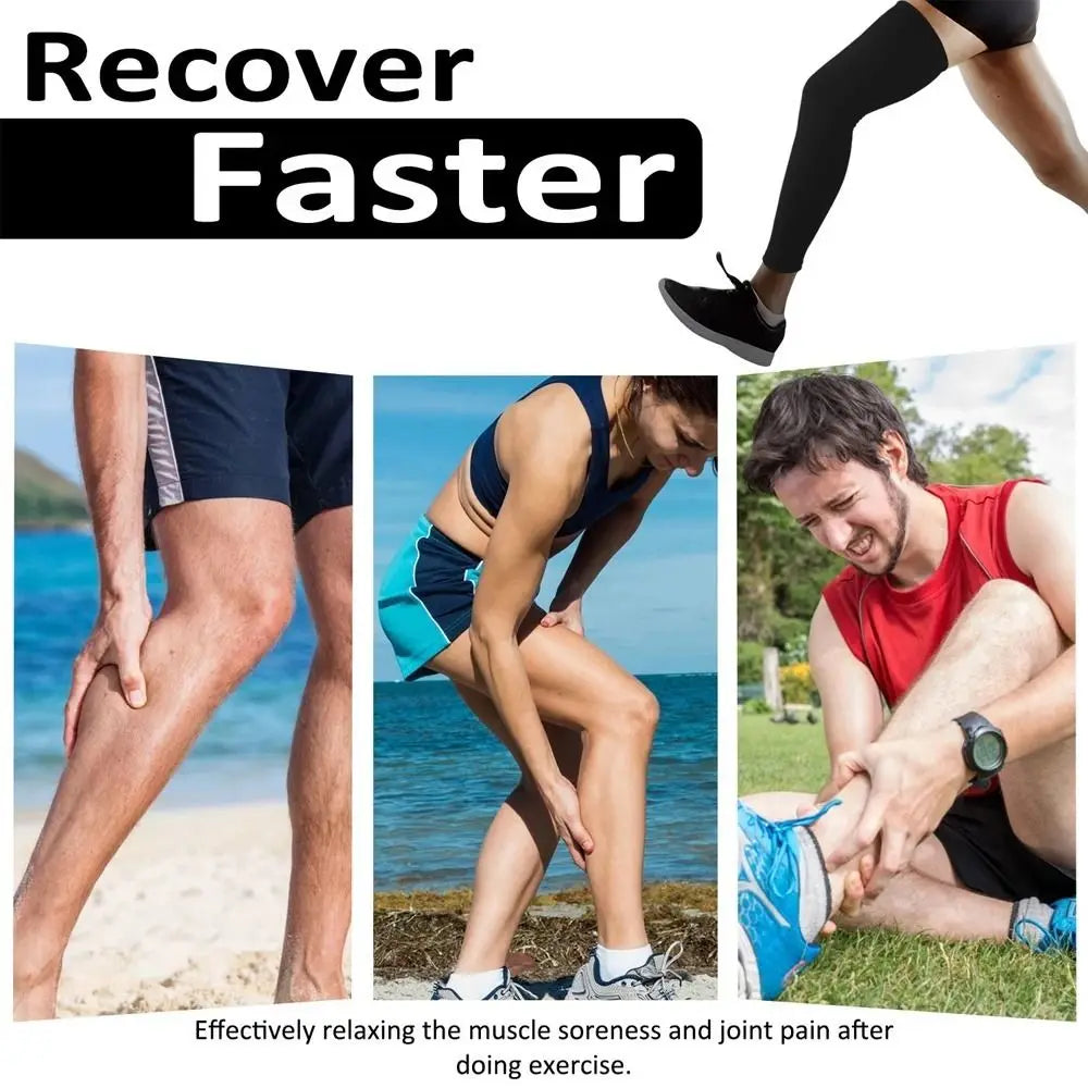 A person is applying knee calf compression sleeves to their leg after exercise.