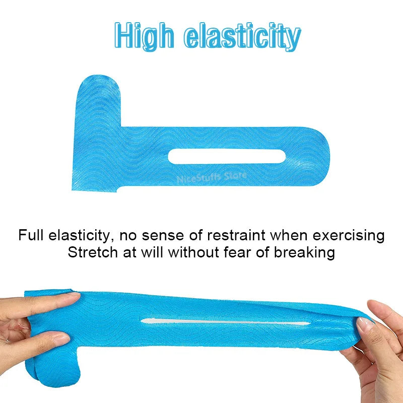 A hand holds a blue elastic therapy tape designed for knee support, demonstrating its full elasticity.