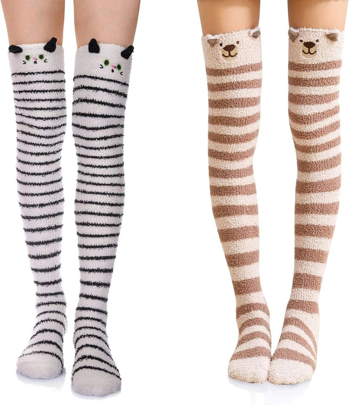 Paar flauschige Oberschenkelwärmer mit Streifen- und Cartoon-Tierdesigns