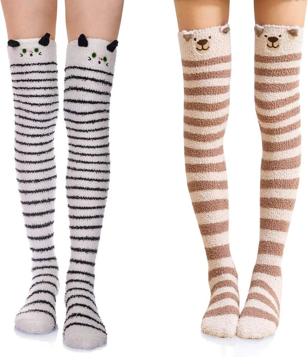 Paire de jambières douces au-dessus du genou à rayures et motifs d'animaux de dessins animés