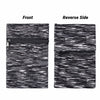 Front and reverse side views of a black and white striped zippered wrist bag