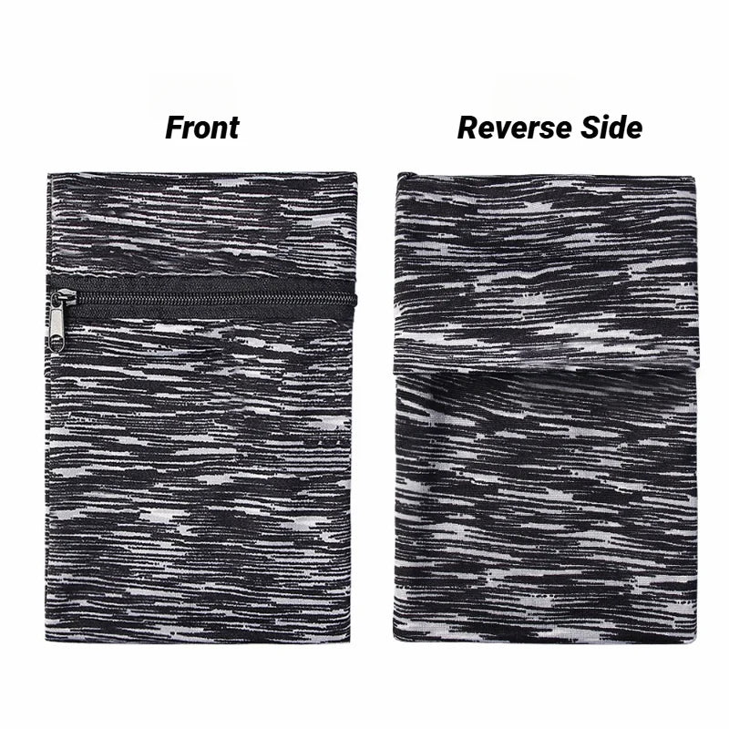 Front and reverse side views of a black and white striped zippered wrist bag