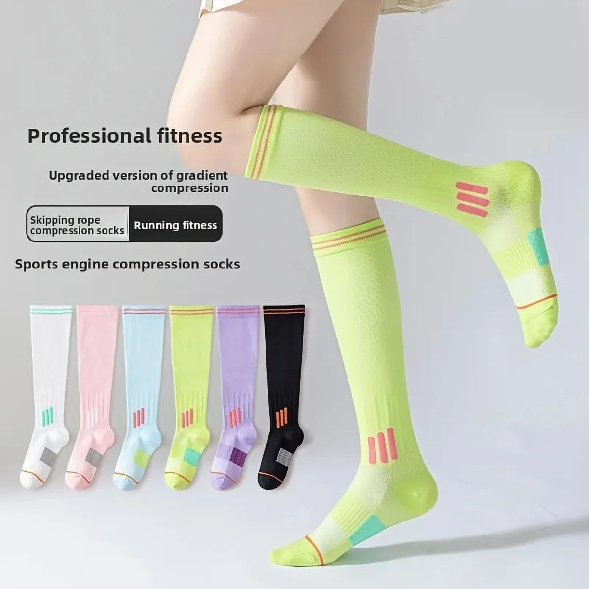 A model is wearing a pair of neon yellow gradient compression knee-high socks for fitness and running.