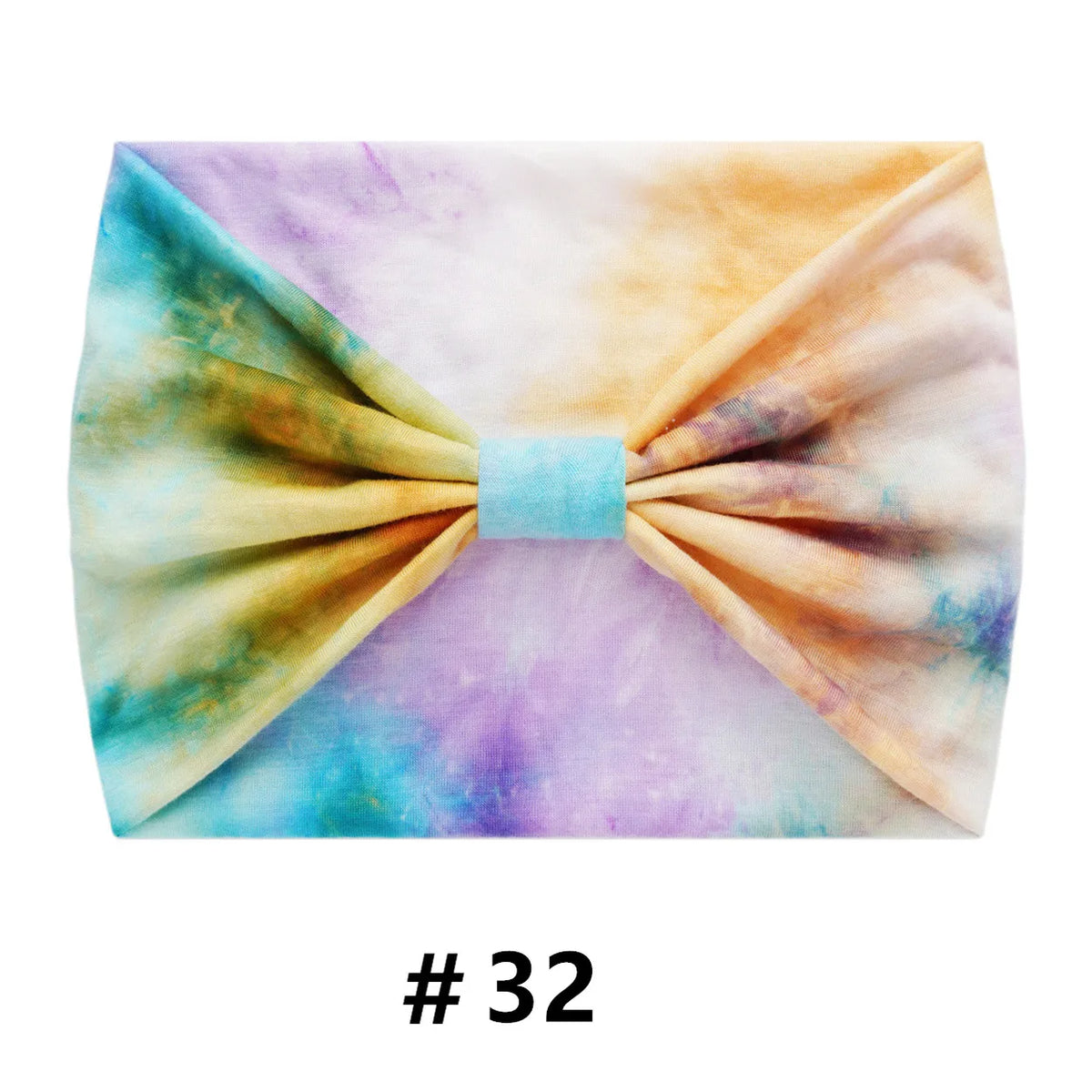 Bandeau en coton tie-dye noué en nœud avec des tons de violet, jaune et bleu.