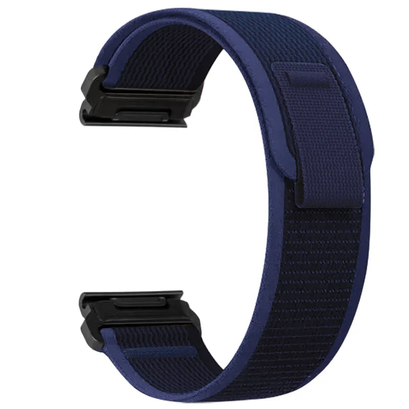 A dark blue nylon strap for a sports watch, shown from the side.